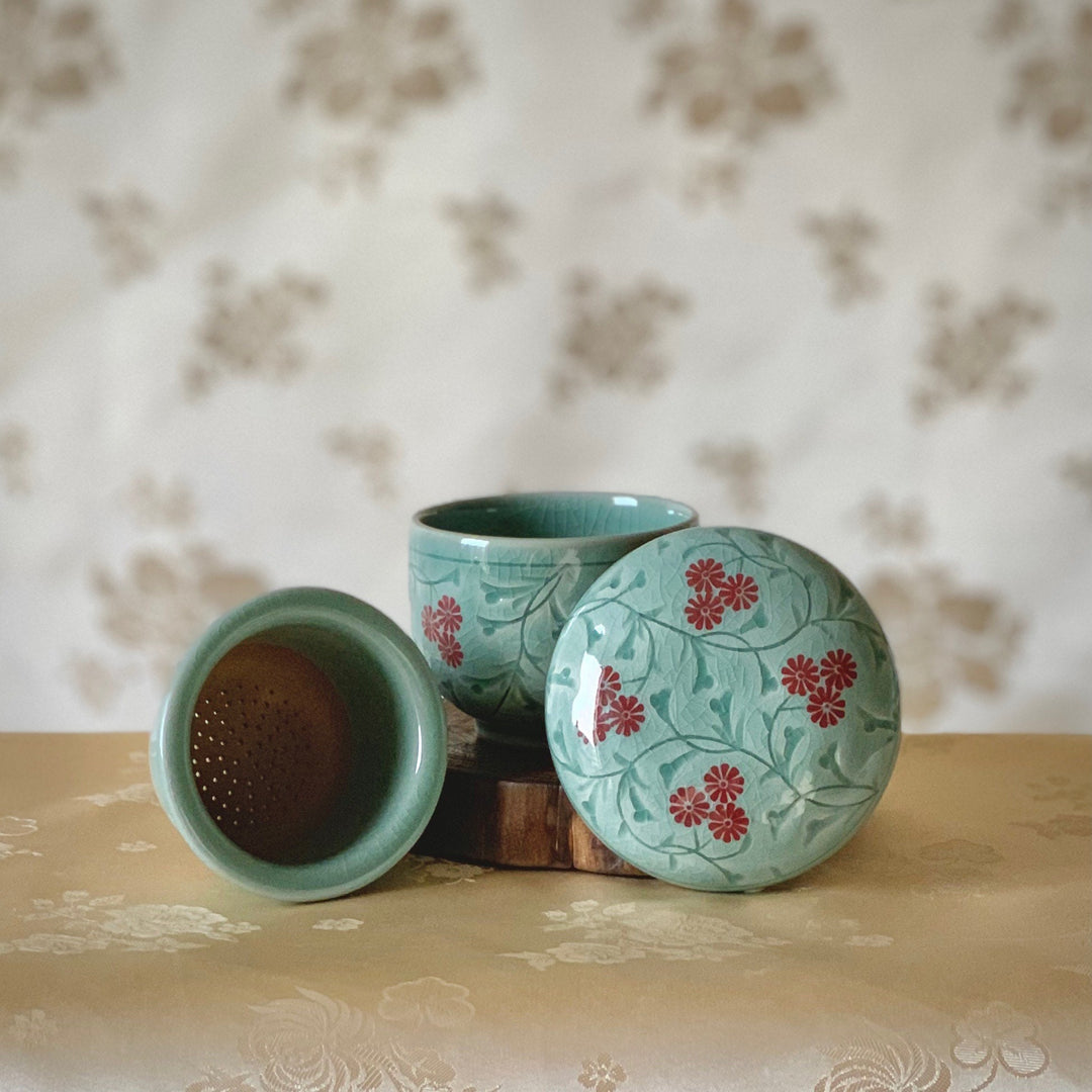 Seladon-Set aus zwei Teetassen mit eingelegtem Chrysanthemenmuster (청자 상감 국화문 찻잔 세트)