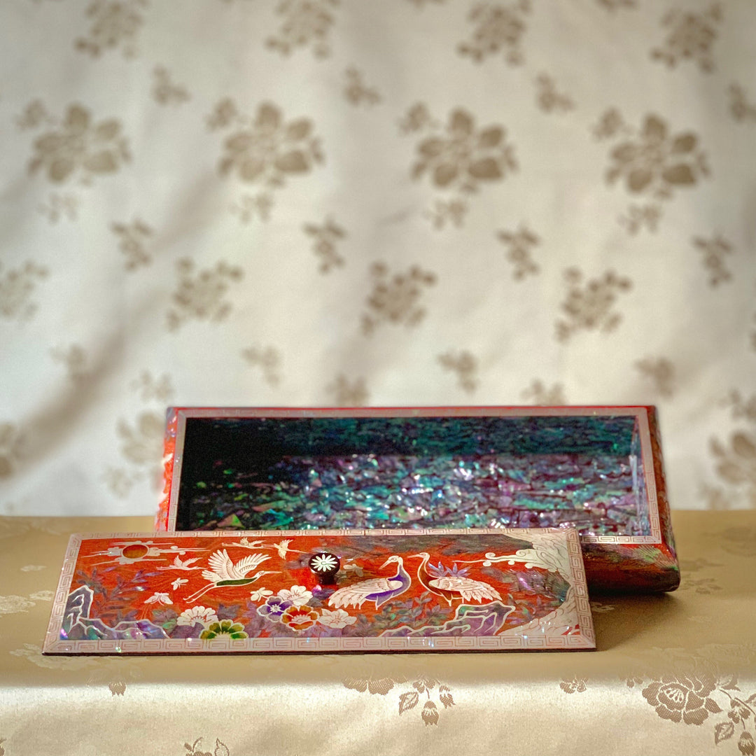 韓国の伝統的な螺鈿オレンジ色の鶴の宝石箱