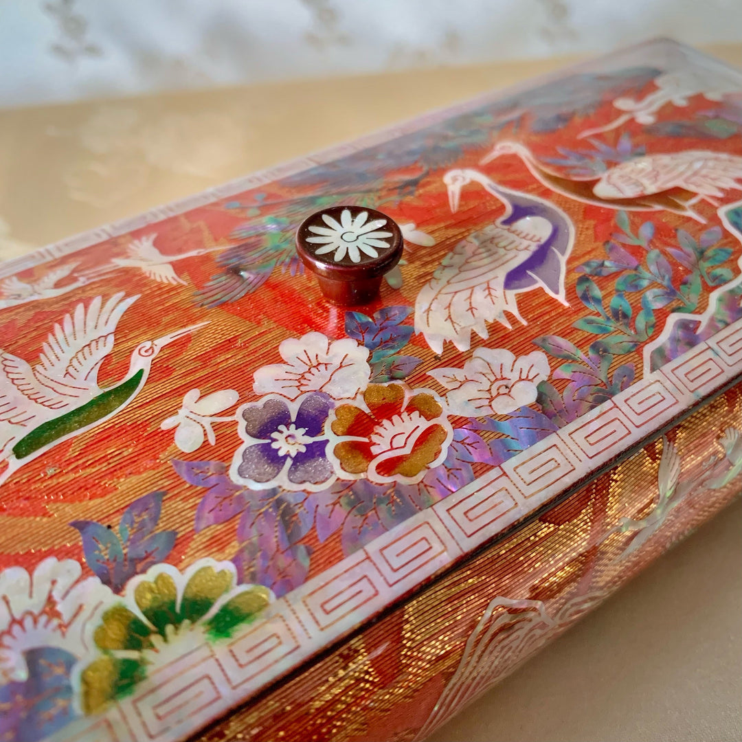 Korean Traditional Mother of Pearl Orange Jewelry Box with Cranes