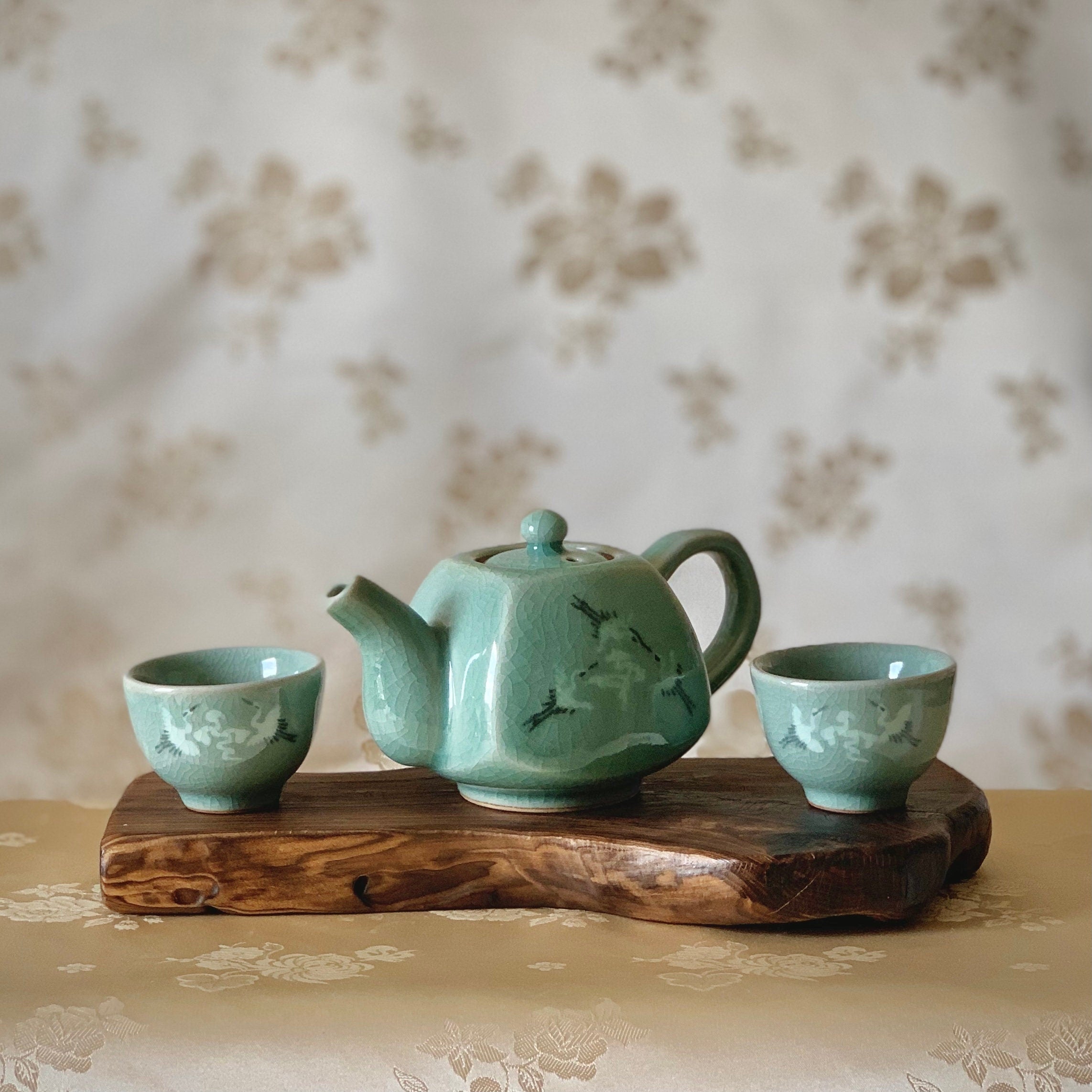 Celadon Set of Tea Pot and Cups with Inlaid Crane and Cloud