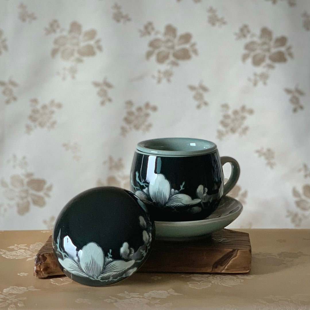 Korean traditional Celadon tea cups set with plates- red and black magnolia flower pattern