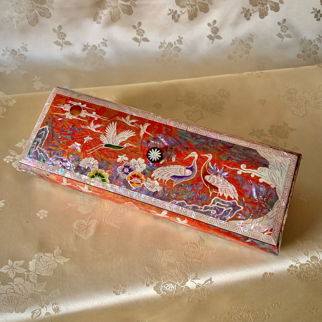 Mother of Pearl Silk Layered Orange Jewelry or Pencil Box with Crane Pattern (자개 송학문 비단 굴림 필함)