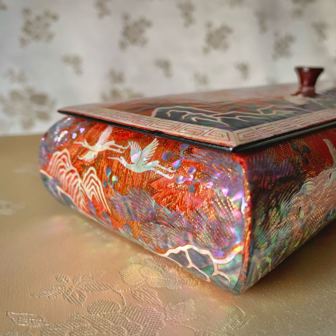 Korean Traditional Mother of Pearl Orange Jewelry Box with Cranes