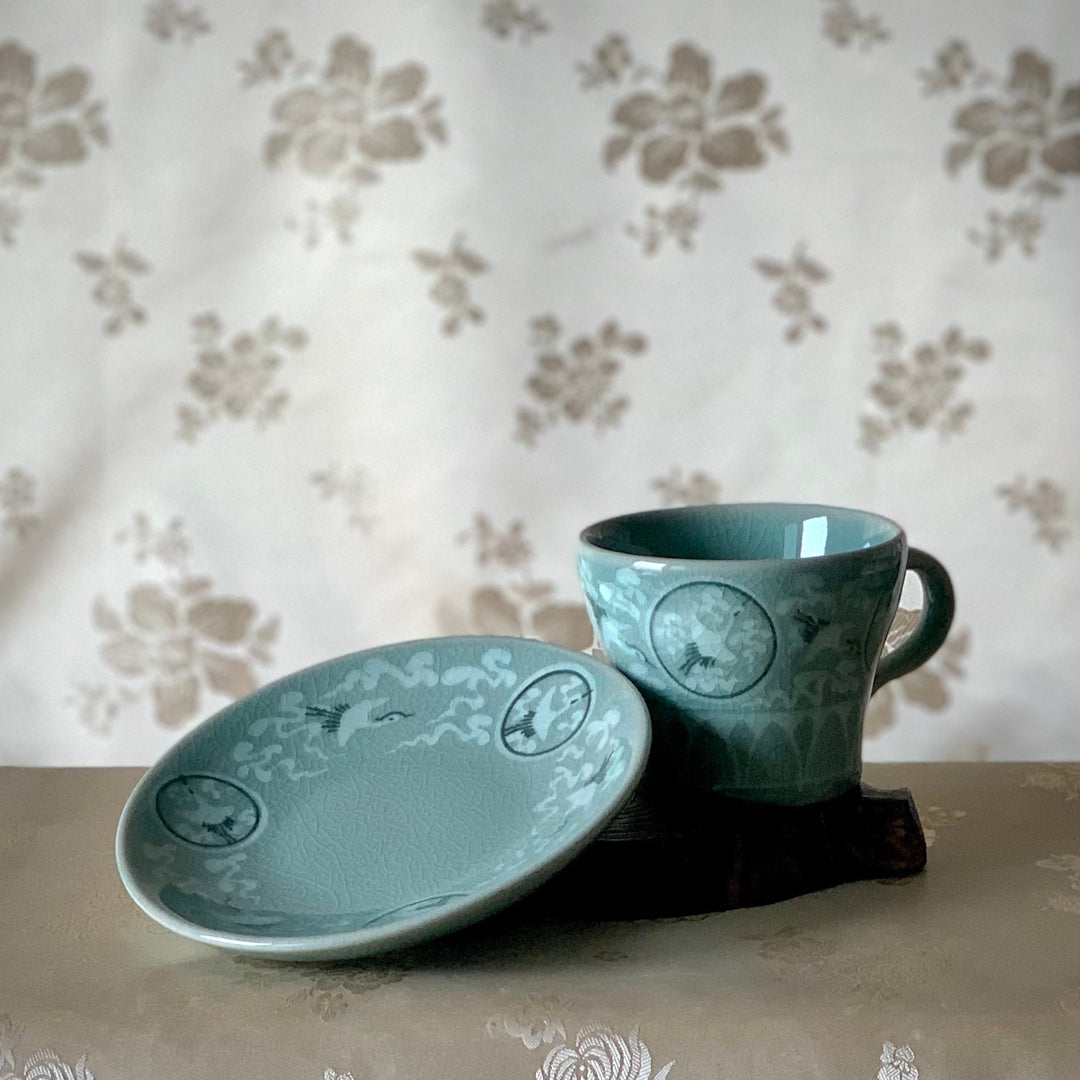 Korean traditional Celadon tea cups with plates set cranes and clouds pattern