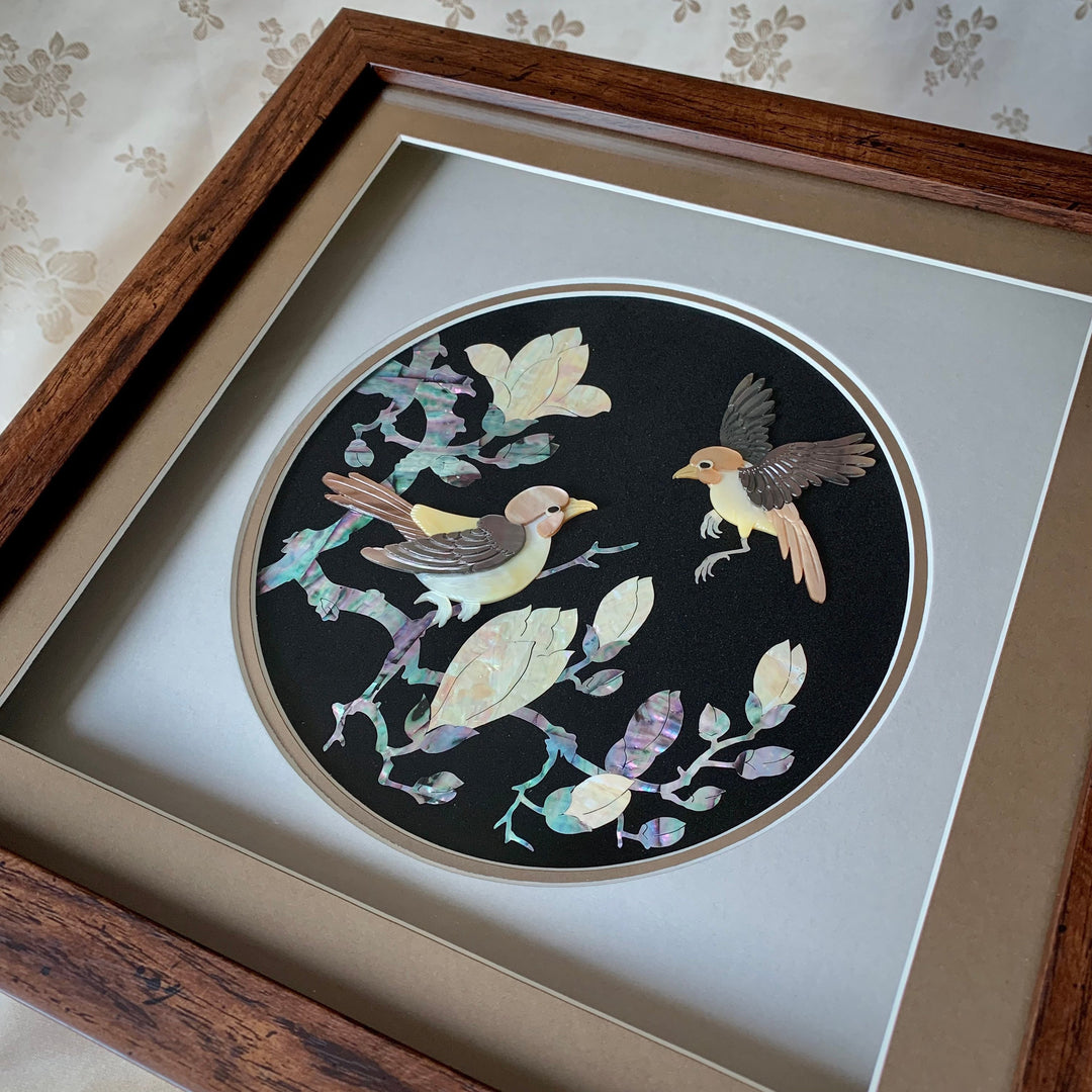 Mother of Pearl Craftwork with Magnolia and Birds Pattern in Wooden Frame (자개 원패 목련 조문 액자)