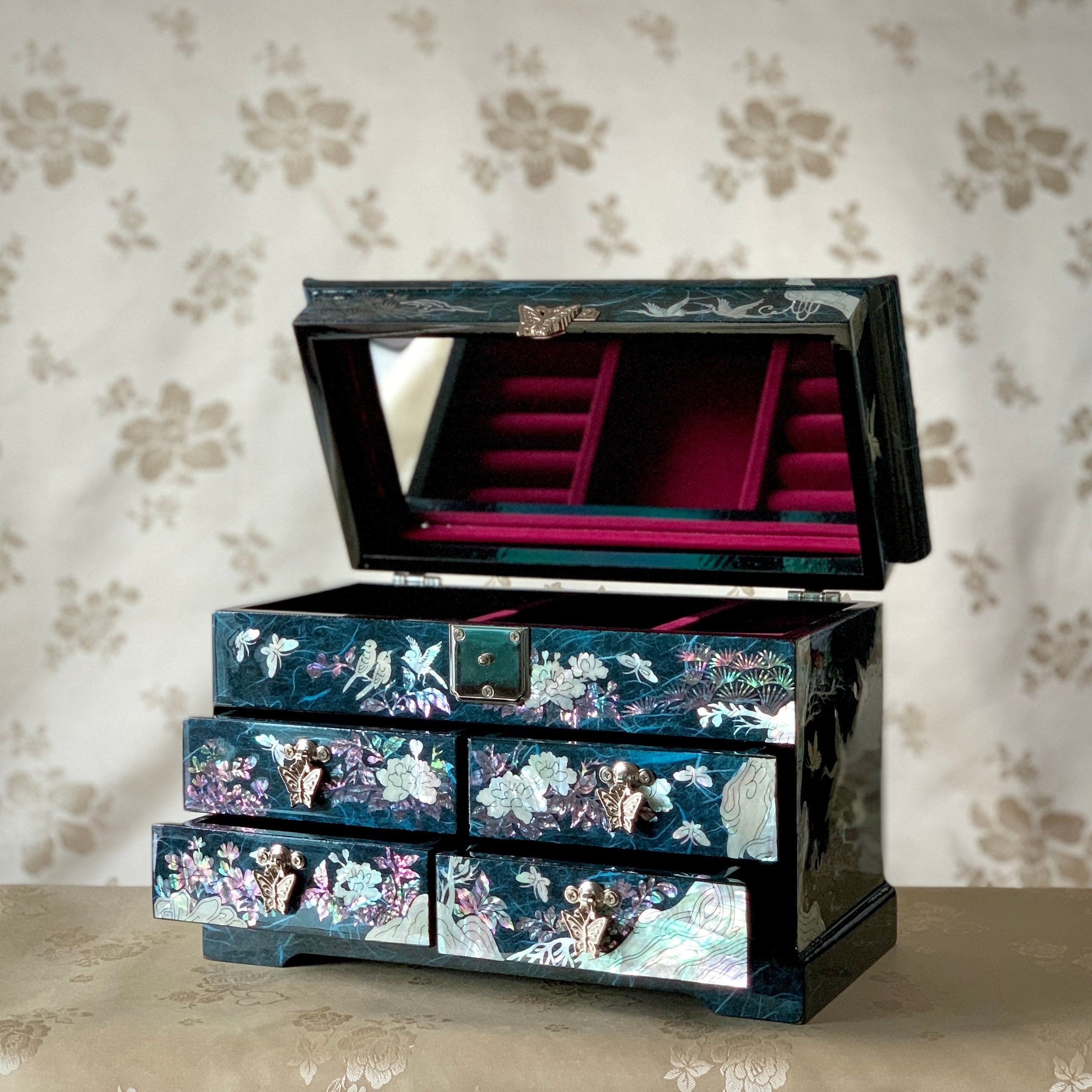 Mother of Pearl Jewelry Chest: Navy, Crane and Pine Motif – ArtinKo