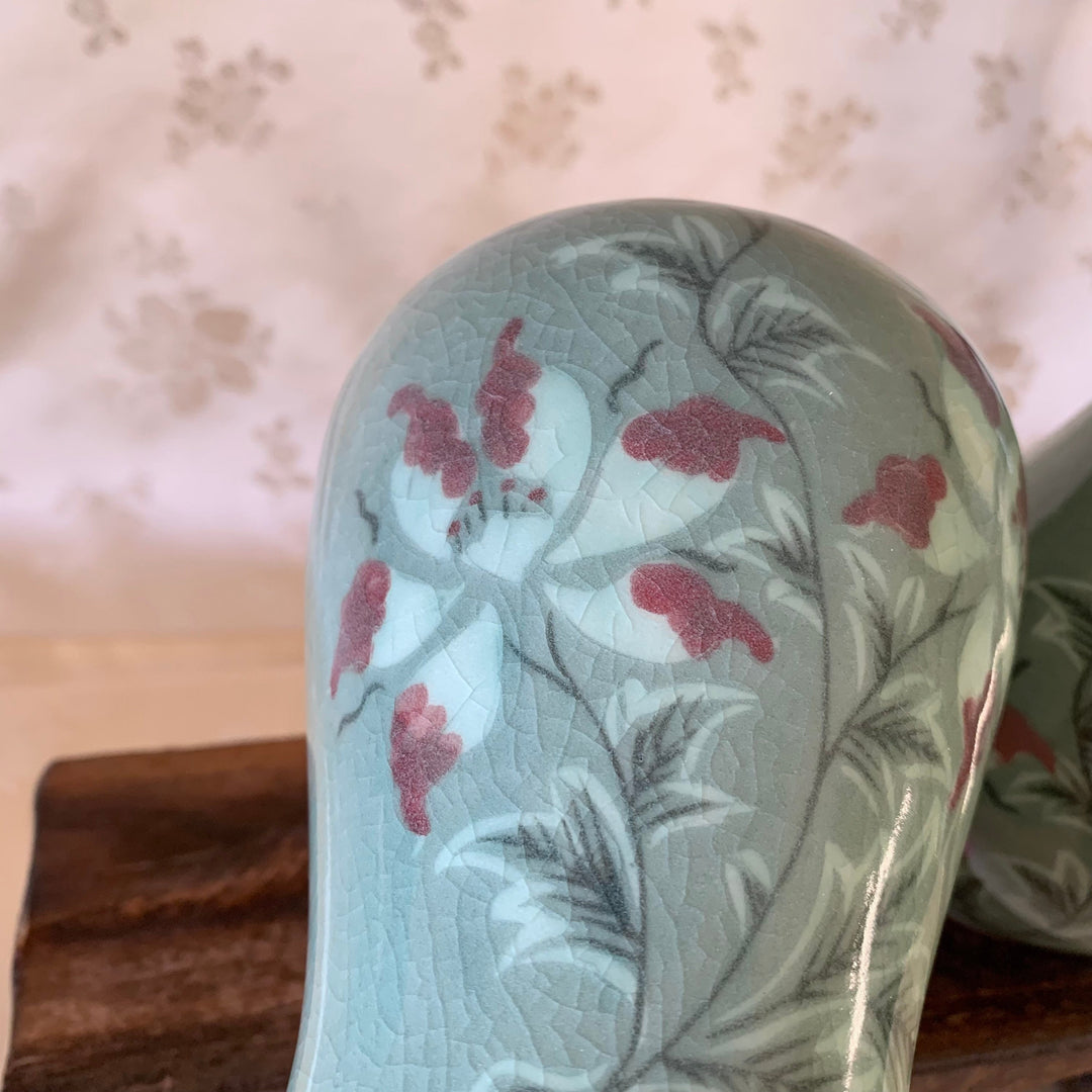 Beautiful Korean traditional Celadon vase set with red magnolias