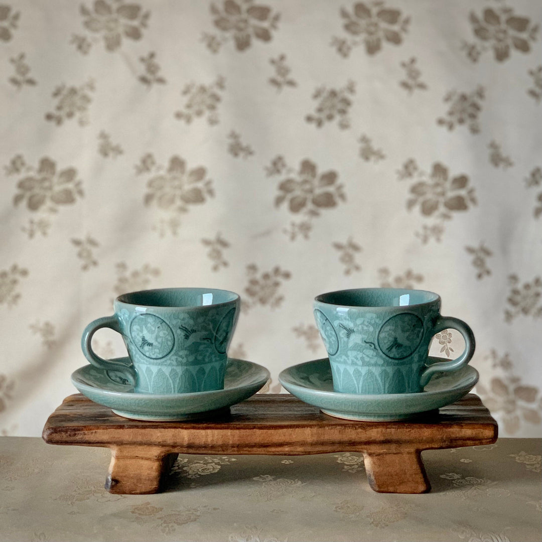 Celadon Tea Cups with Plates Set with Cranes and Clouds Pattern