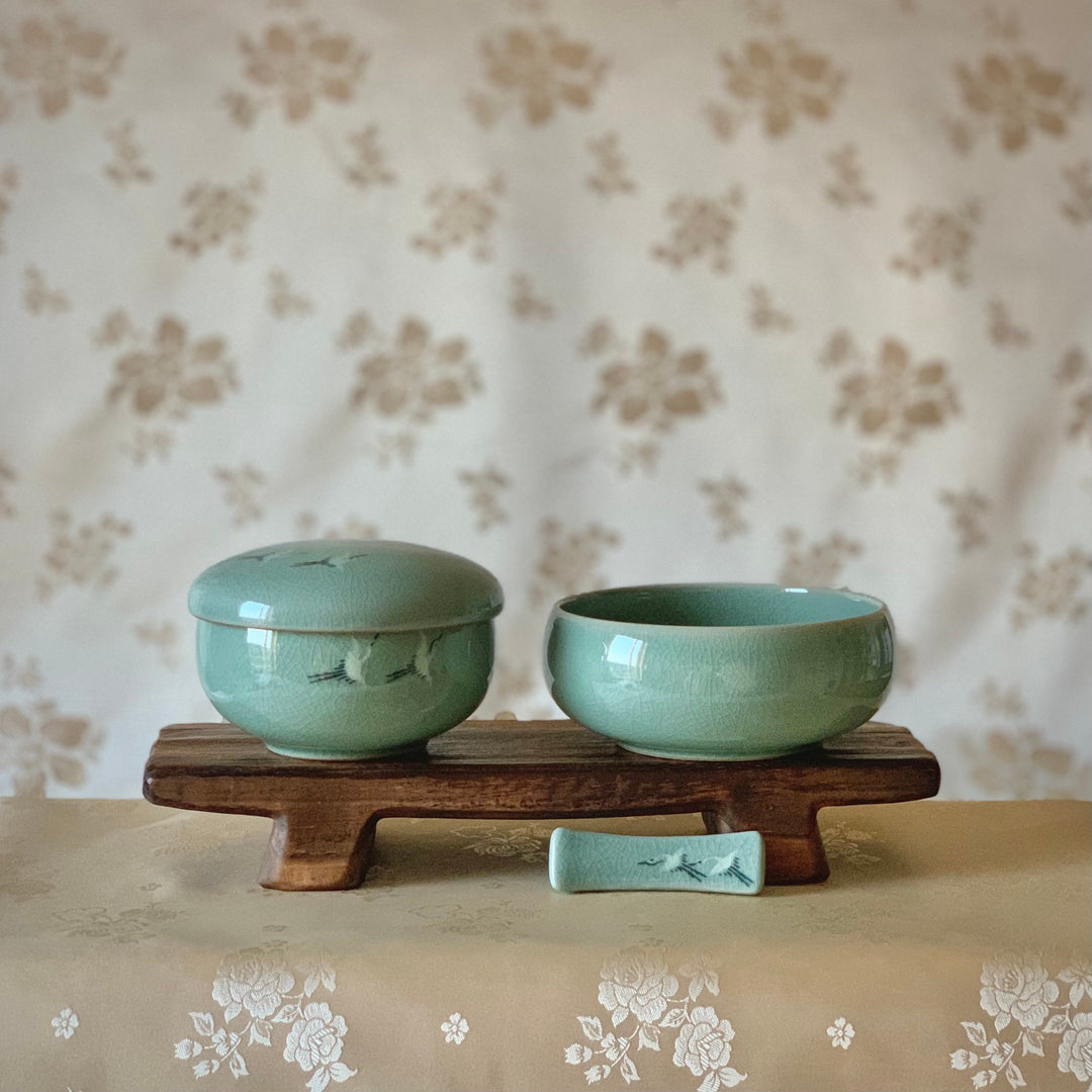 Korean traditional Celadon soup and rice bowls with a chopstick rest cranes pattern
