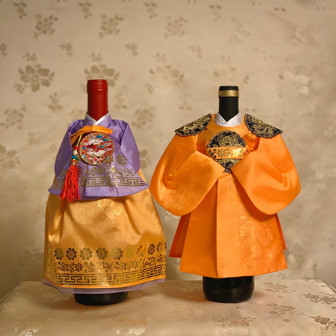 Korean traditional hanbok couple wine bottle cases/covers orange