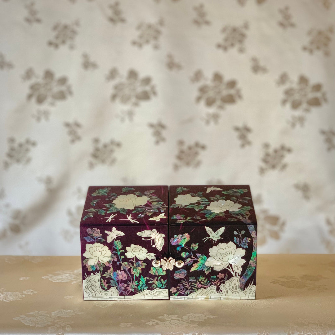 蝶と牡丹の模様のマザーオブパールの手作り紫色のジュエリーボックス