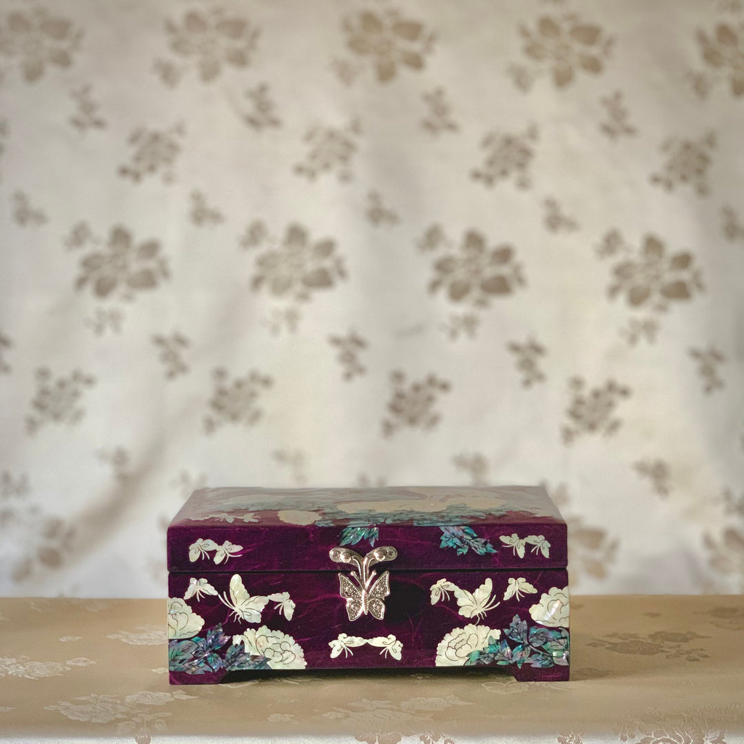 Unique Korean traditional Mother of Pearl handmade purple jewelry box with cranes and peonies