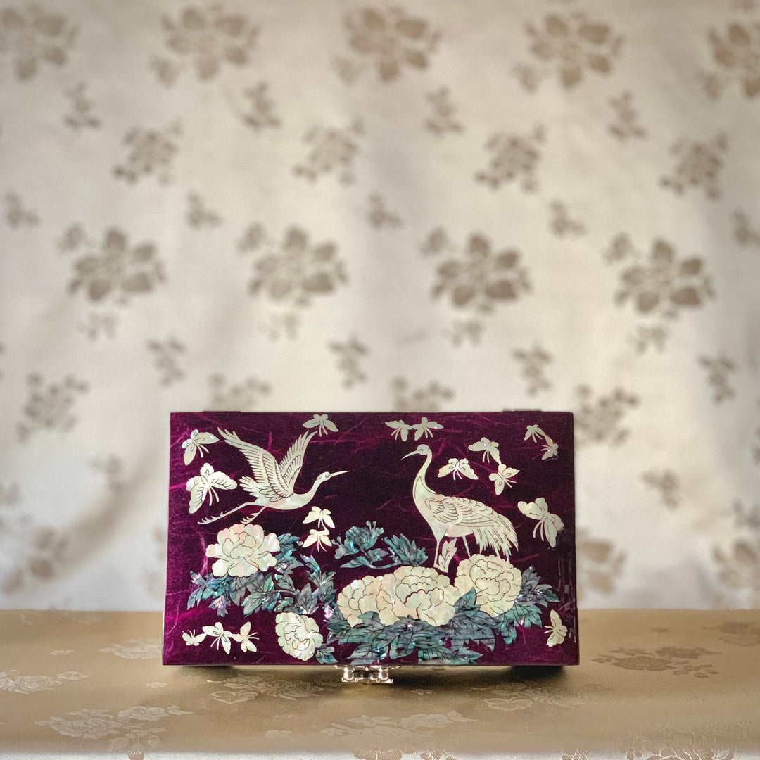 Mother of Pearl Purple Jewelry Box with Crane and peony Pattern (자개 학 목단문 한지 보석함)