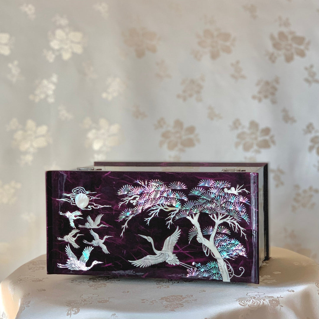 韓国王室の伝統的な紫色のマザーオブパールの手作りの鶴と花のジュエリーボックス