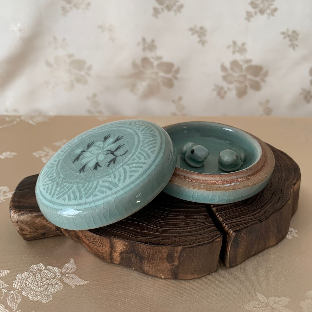 Celadon Covered Box with Inlaid Magnolia Pattern Including 2 Celadon Frogs- Medium Size