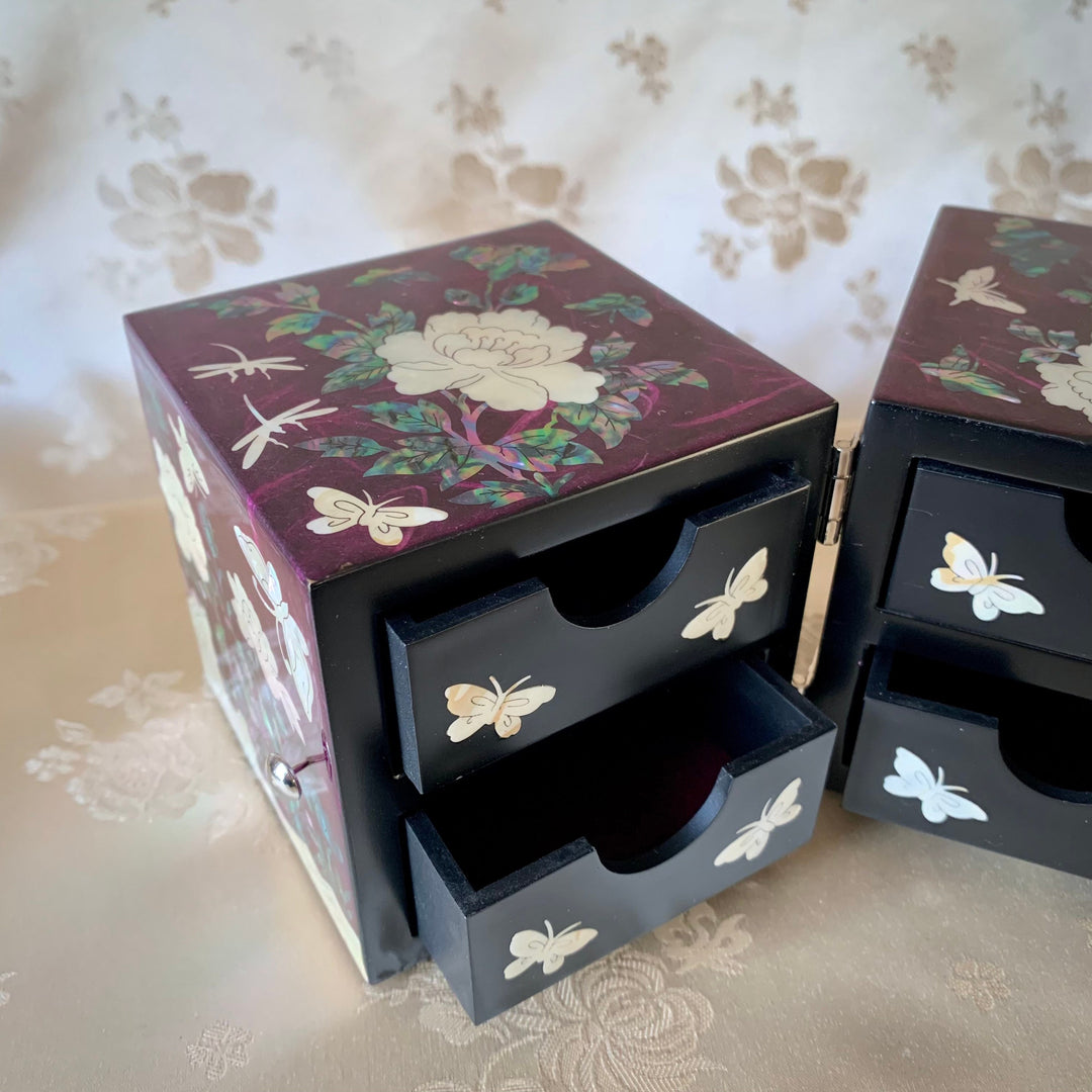 素晴らしい韓国の伝統的なマザーオブパールの蝶と牡丹の模様の手作り紫色のジュエリーボックス