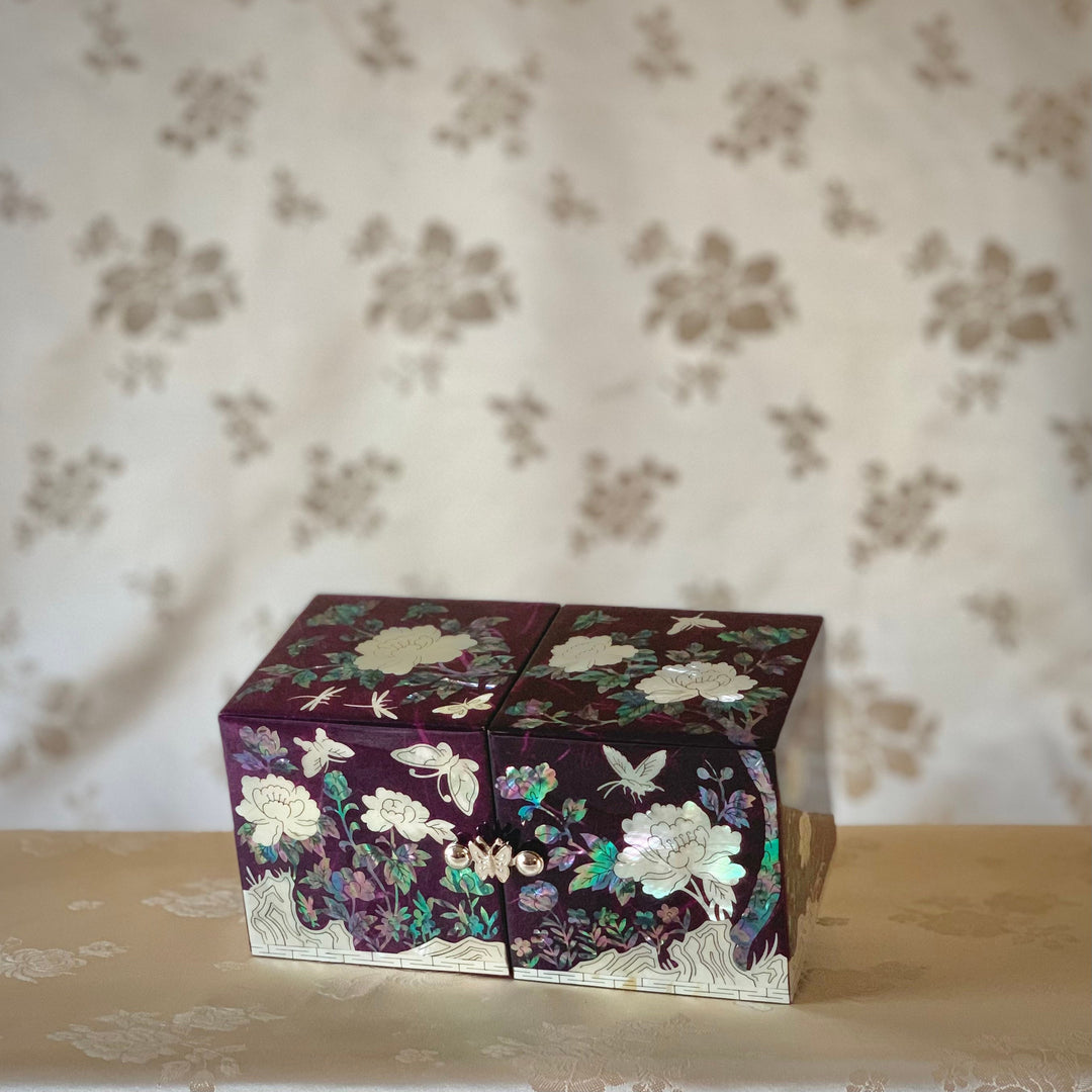 Lovely Korean traditional Mother of Pearl handmade purple jewelry box with butterflies and piony pattern