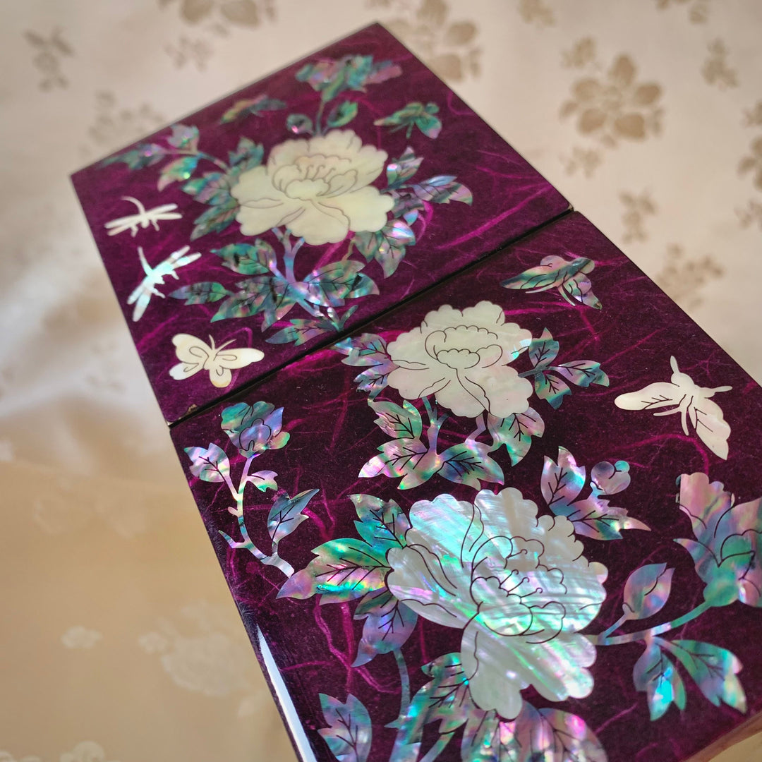 Mother of Pearl Handmade Purple Jewelry Box with Butterflies and piony pattern