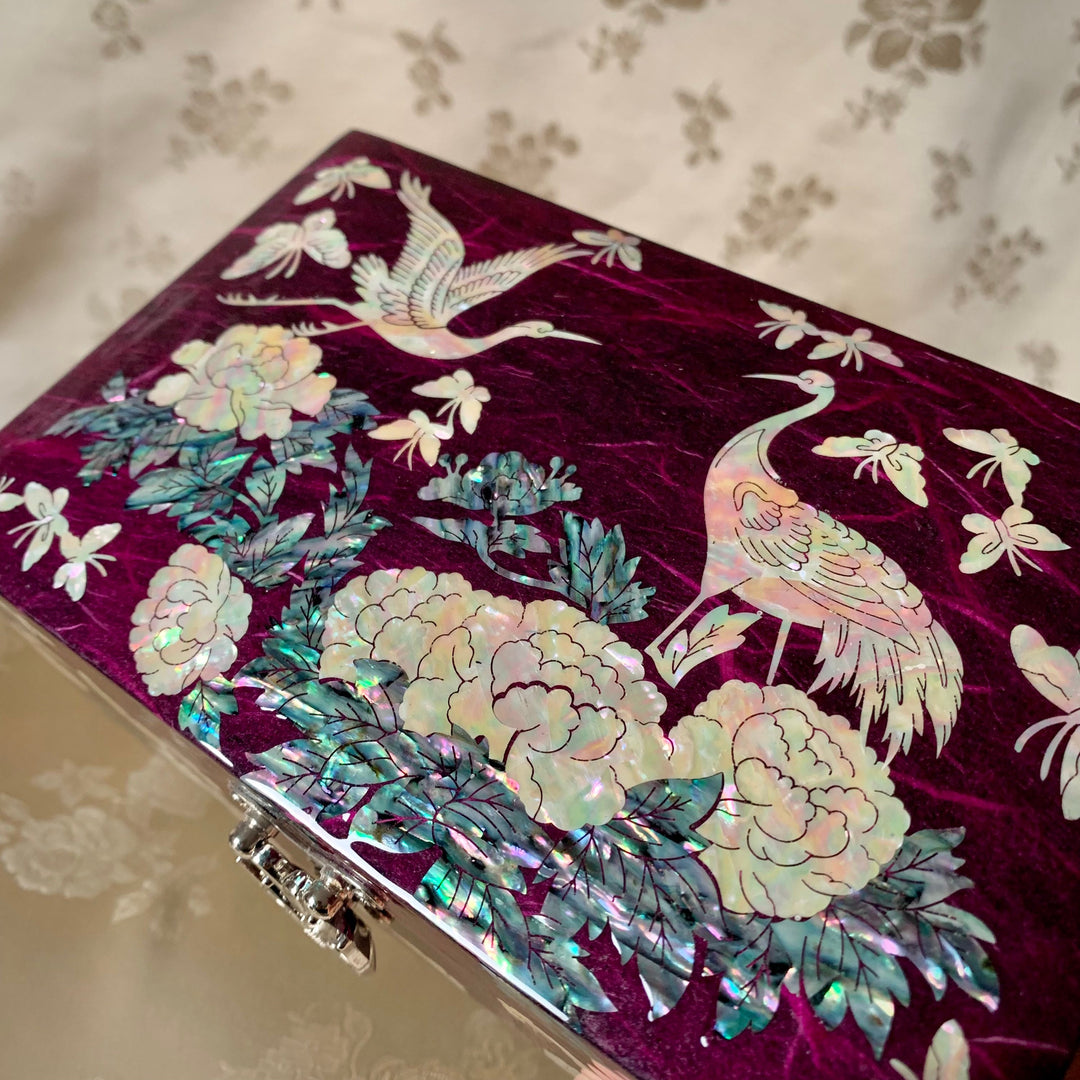 Unique Korean traditional Mother of Pearl handmade purple jewelry box with cranes and peonies
