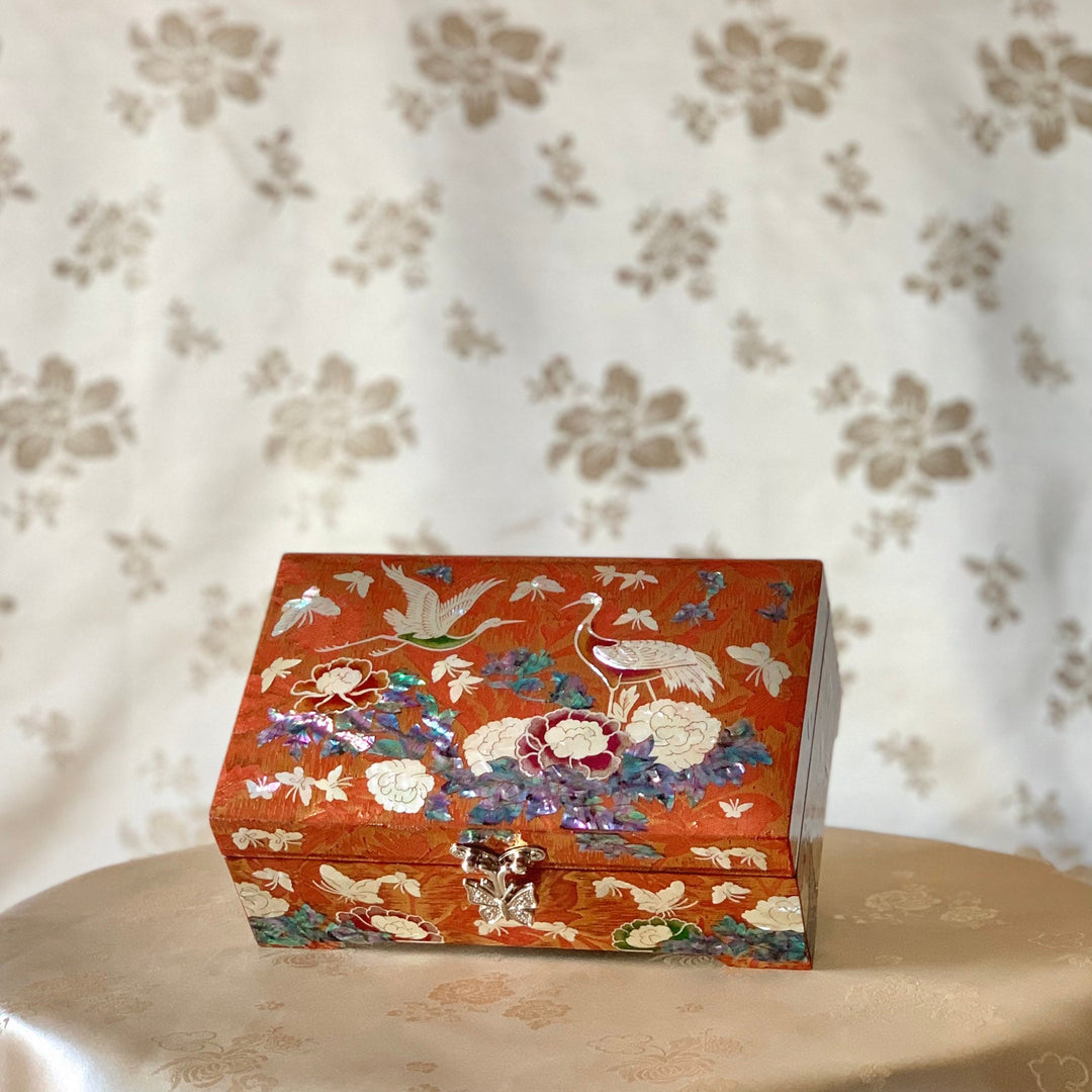 Beautiful Korean traditional Mother of Pearl handmade orange jewelry box with cranes and flowers pattern