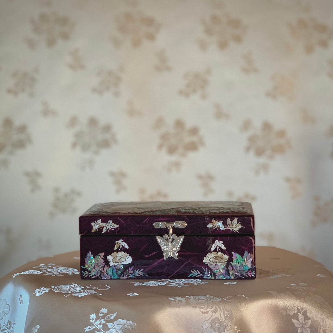 Mother of Pearl Purple Jewelry Box with Peacock (자개 공작문 보석함)
