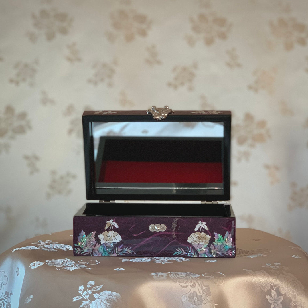 Beautiful Korean traditional Mother of Pearl purple handmade jewelry box with peacock