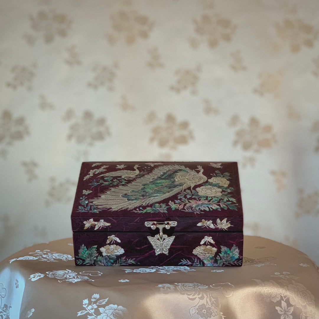 Mother of Pearl Purple Jewelry Box with Peacock (자개 공작문 보석함)