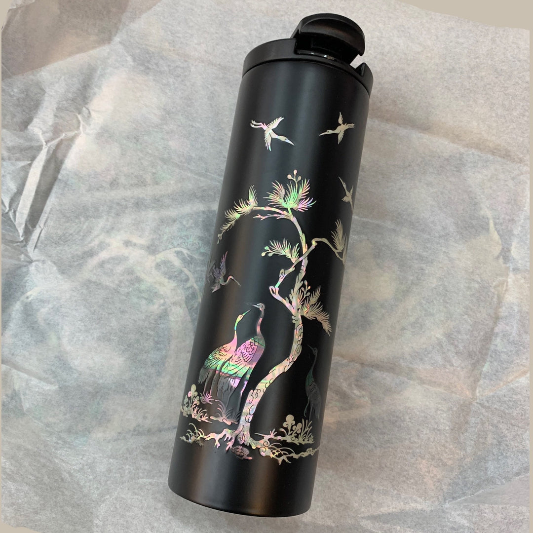 Beautiful black tumbler with Korean traditional Mother of Pearl craft with cranes and pine tree