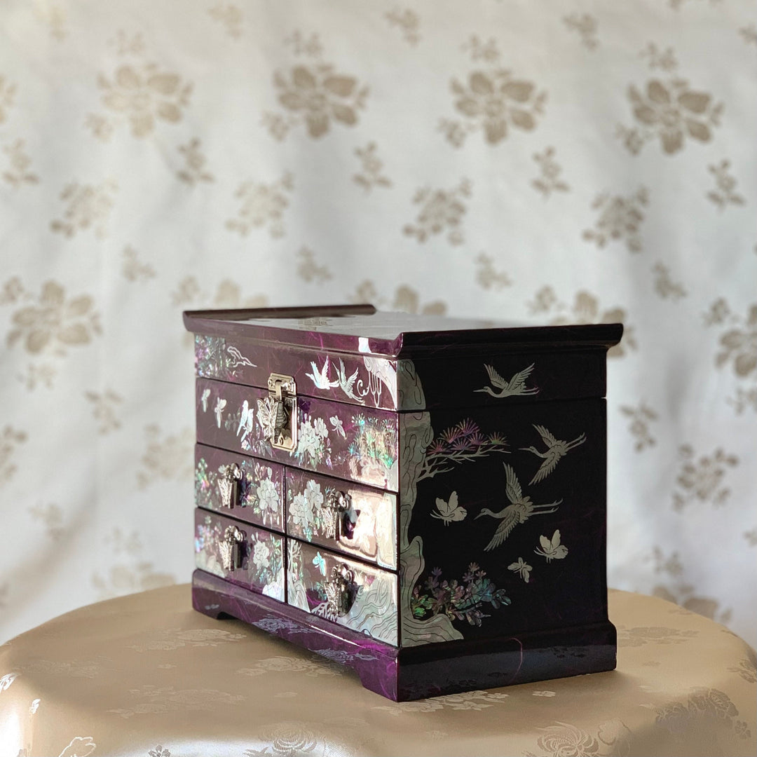 韓国王室の伝統的な紫色のマザーオブパールの手作りの鶴と花のジュエリーボックス
