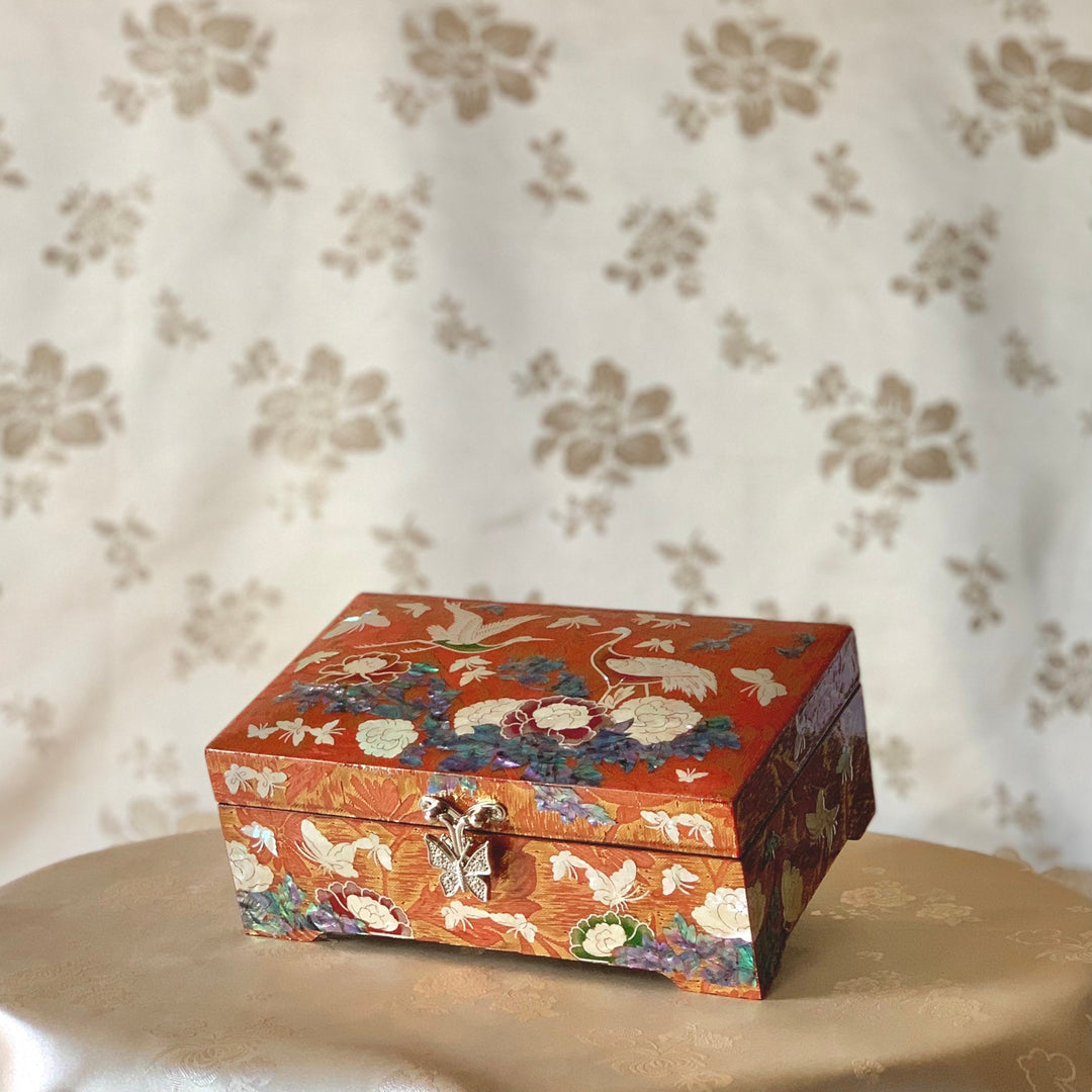 Beautiful Korean traditional Mother of Pearl handmade orange jewelry box with cranes and flowers pattern