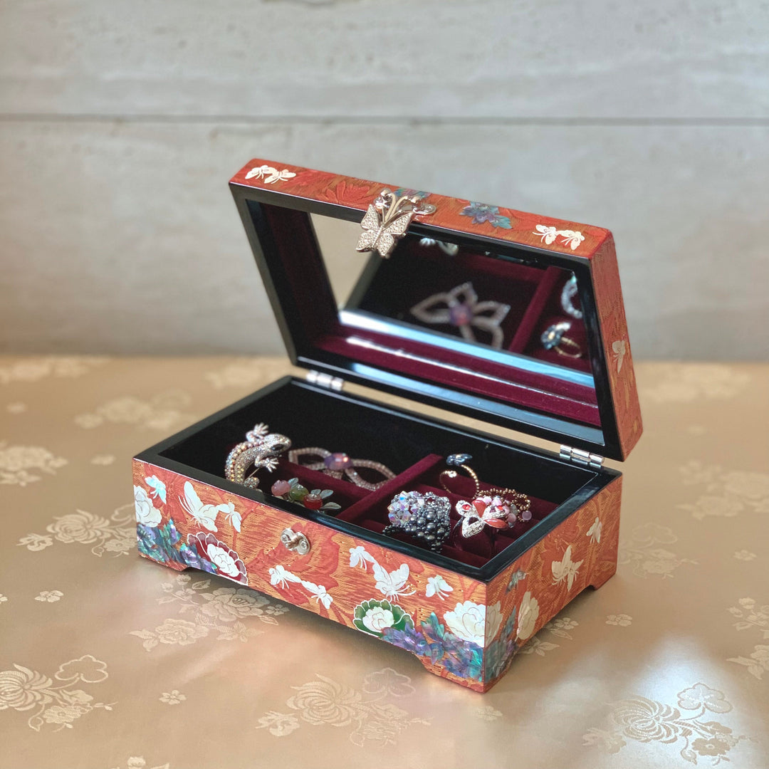 Mother of Pearl Orange jewelry box with cranes and flowers pattern