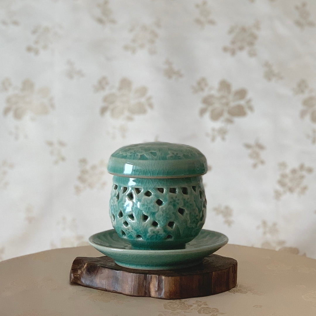 Korean traditional Celadon double wall cup with plate- cherry blossom