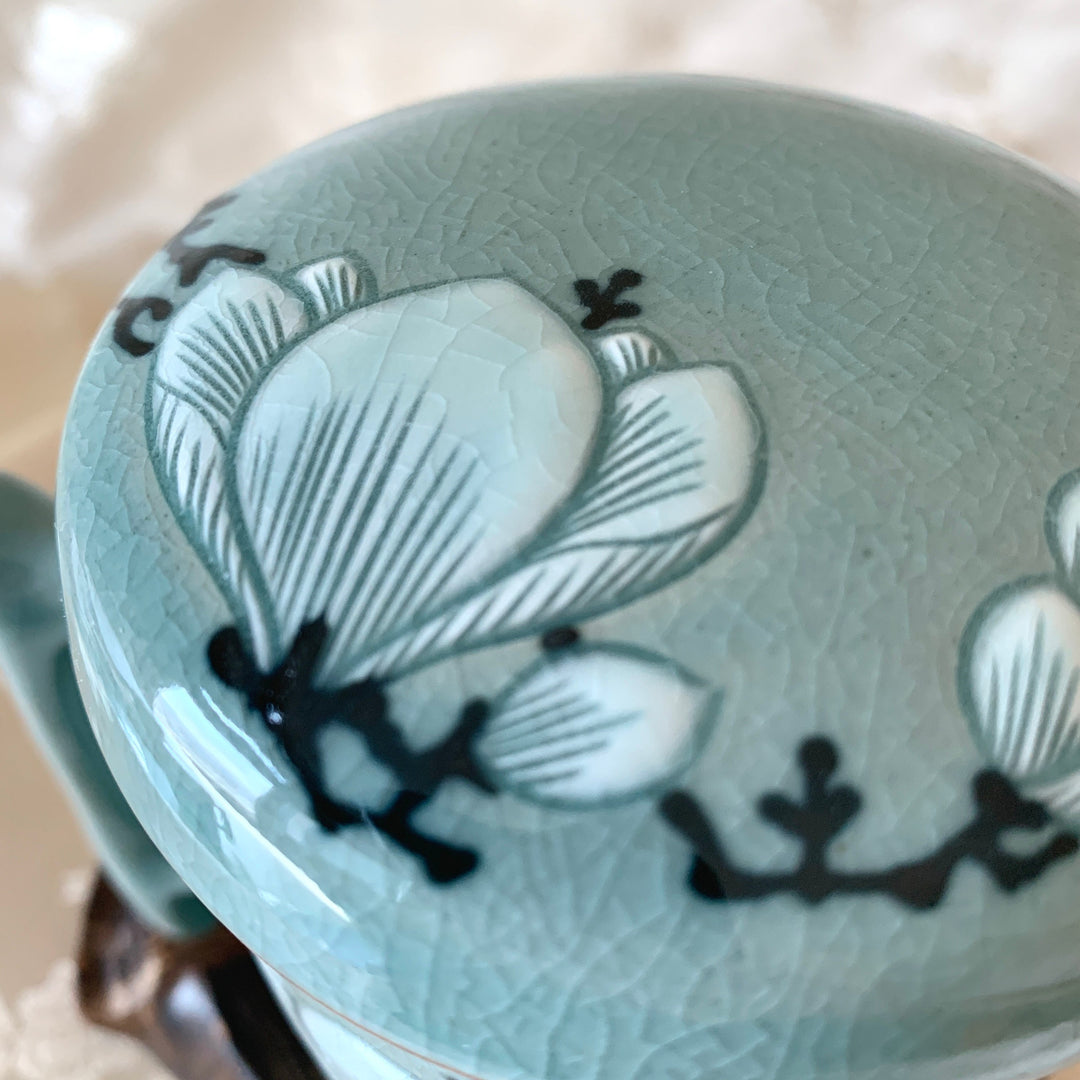 Korean traditional Celadon tea cup with infuser magnolia pattern