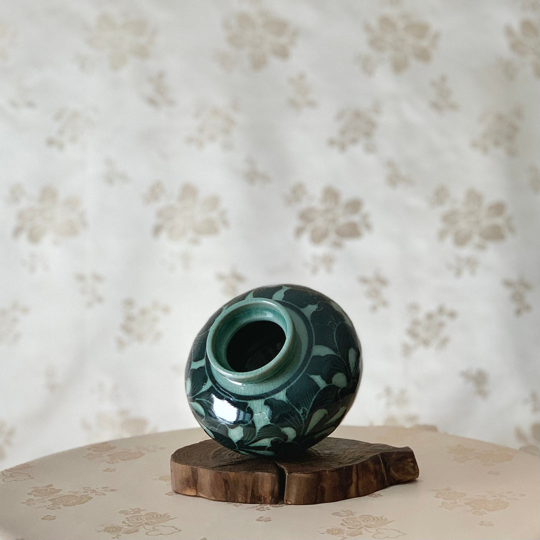 Korean traditional Celadon vase with black flower pattern