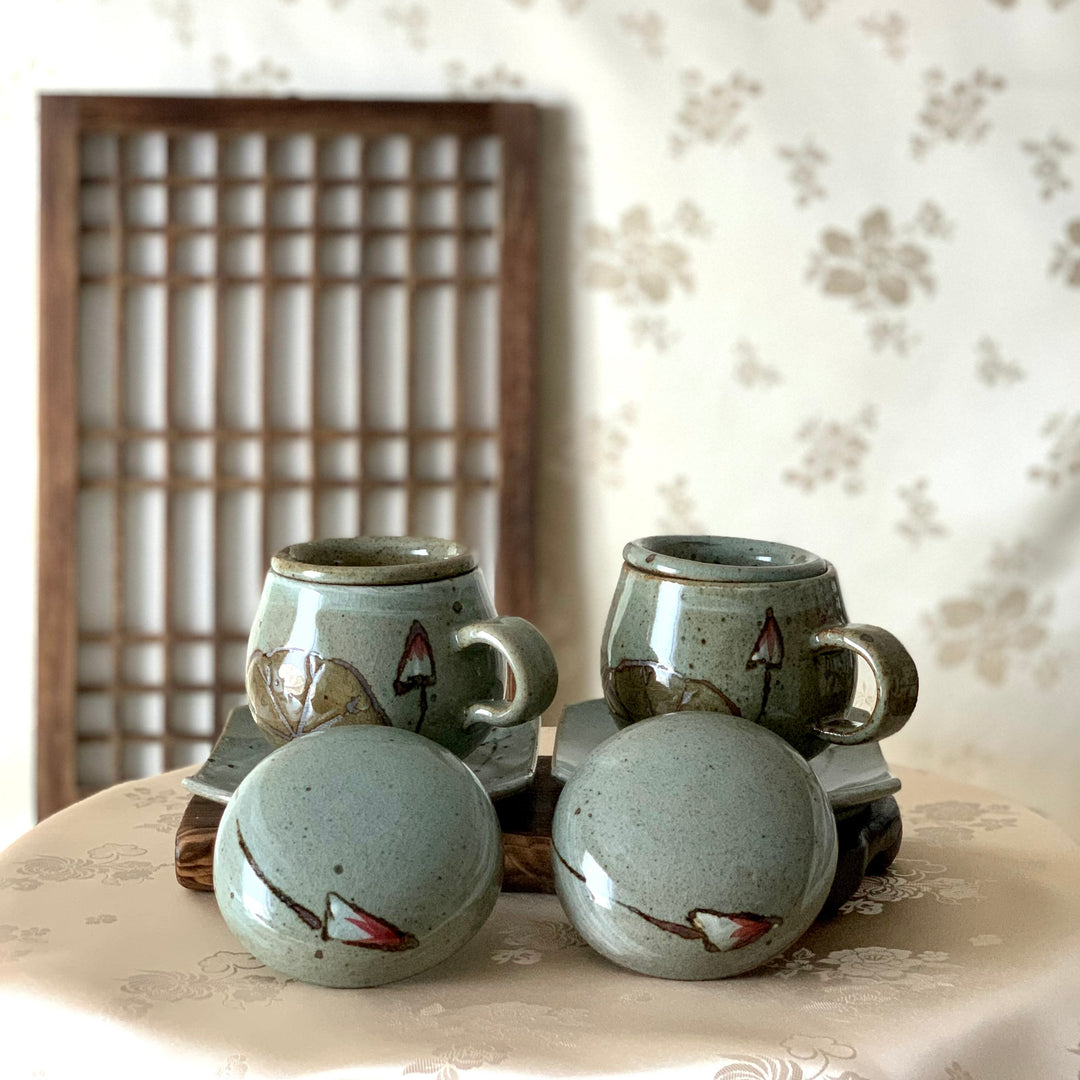 Grayish Blue Powdered Celadon Set of 2 Tea Cups with Lotus Pattern (분청 연화문 찻잔 세트)