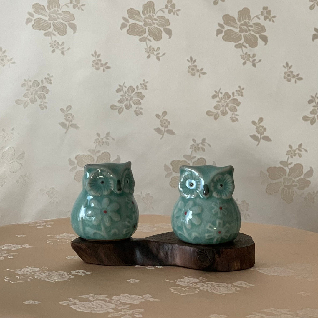 Korean traditional Celadon owls set with flowers pattern