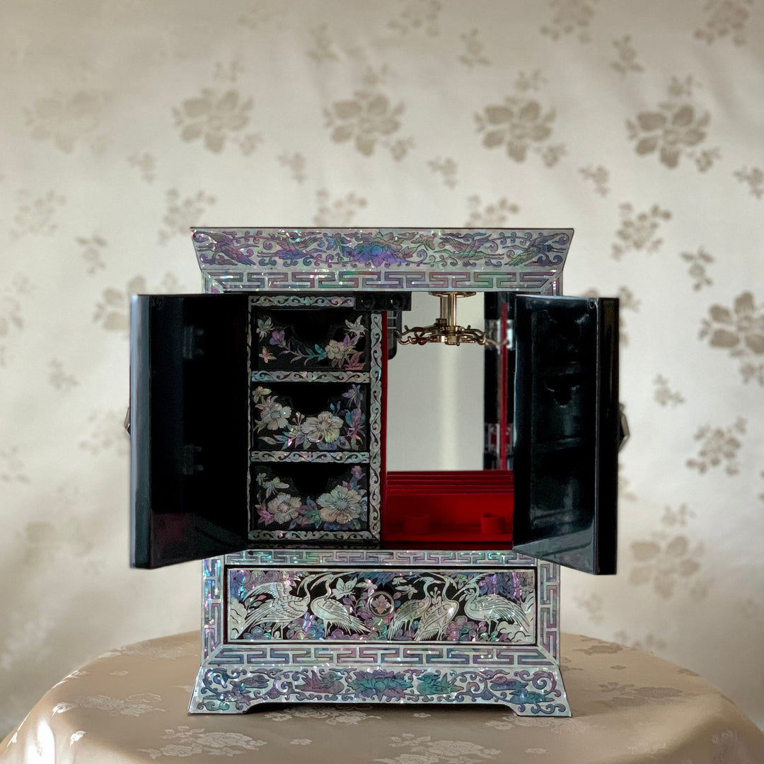 Royal Korean traditional Mother of Pearl big handmade jewelry box with flowers and cranes pattern