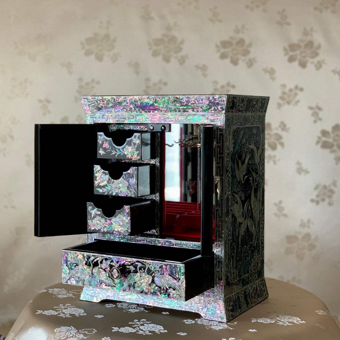 Royal Korean traditional Mother of Pearl big handmade jewelry box with flowers and cranes pattern