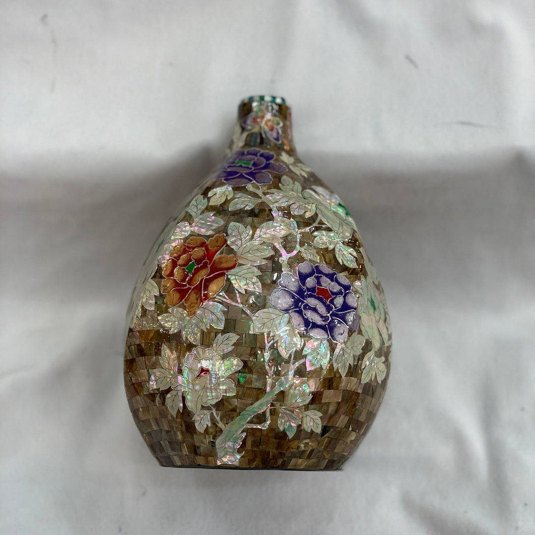 Handgefertigte traditionelle koreanische Keramik-Sammelvase aus Perlmutt mit Blumenmuster in Braun
