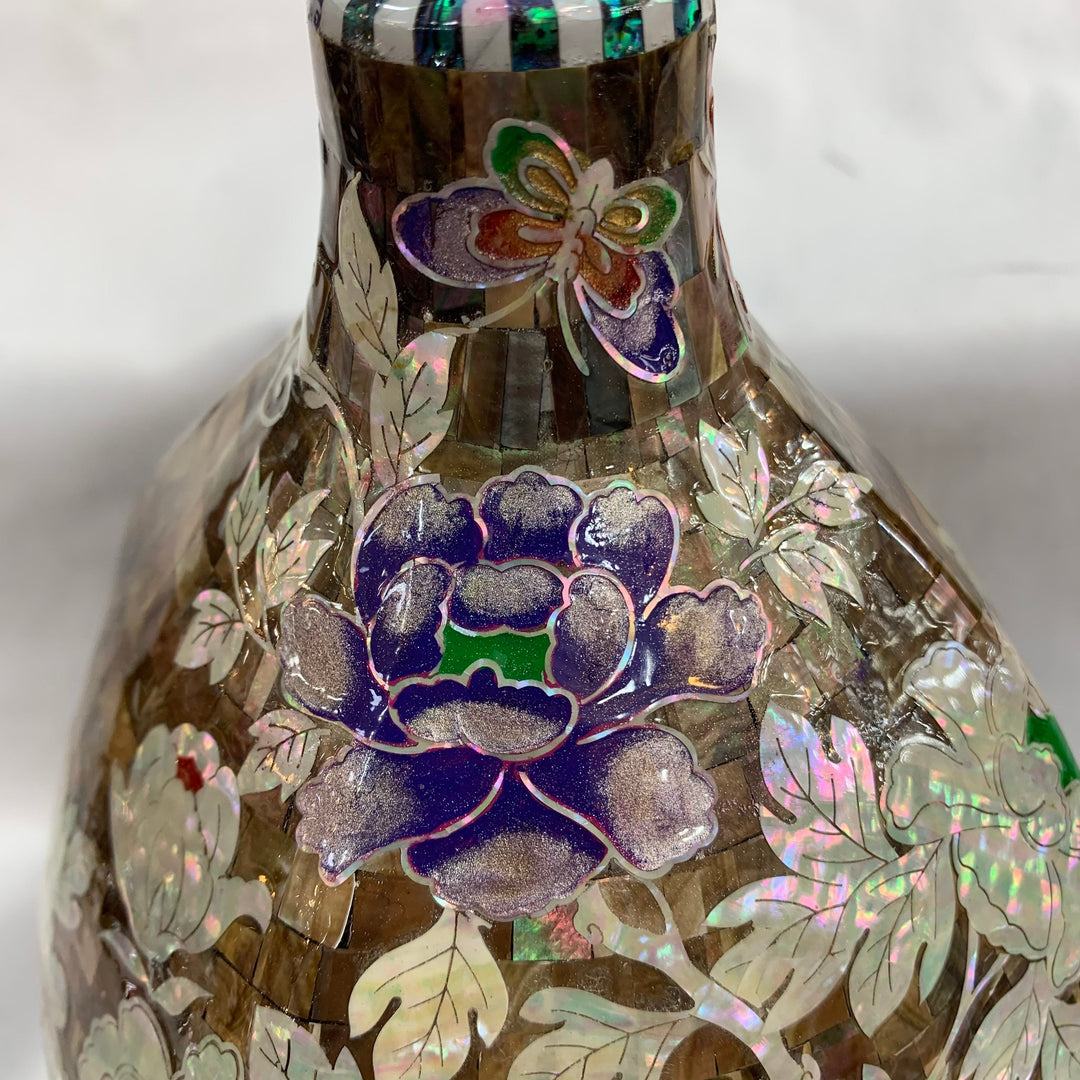 Handmade Korean traditional ceramic Collectible vase made of Mother of Pearl flowers pattern brown
