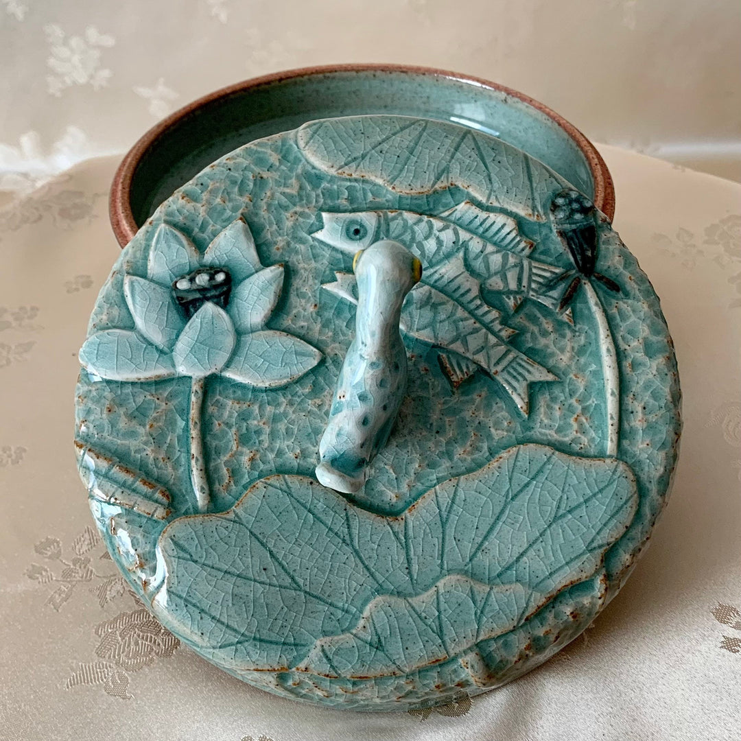 Korean traditional Celadon jewelry box with white animals and flowers big size