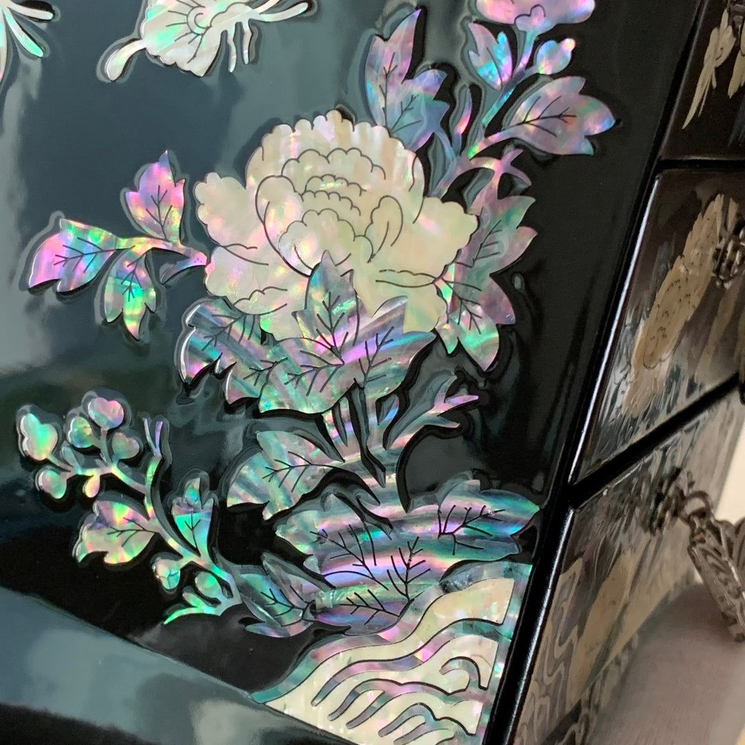 Rare to find Korean traditional Mother of Pearl handmade jewelry box with butterflies and roses
