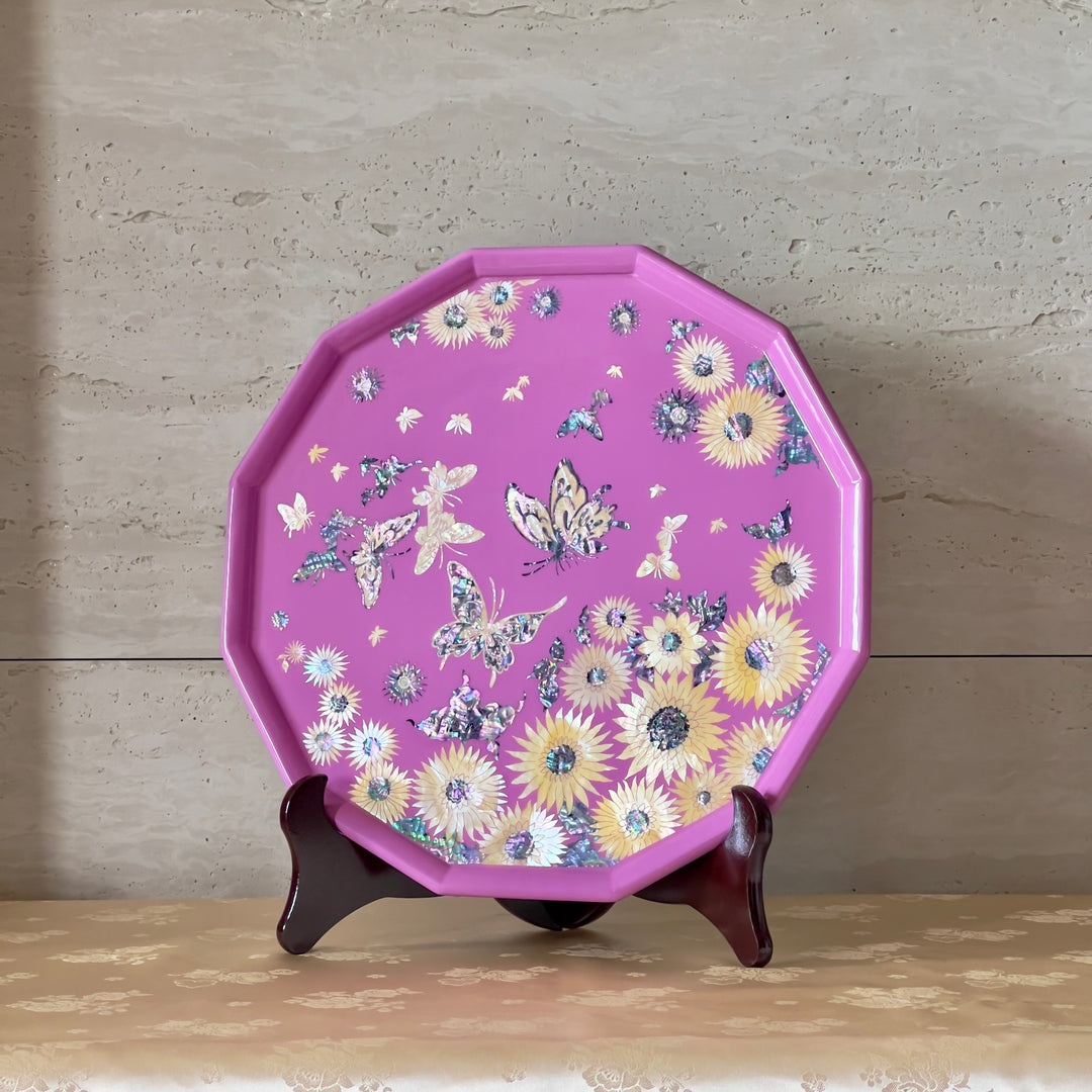 Mother of Pearl Pink Tray with Butterfly and Chrysanthemum Pattern (자개 호접 국화문 쟁반)