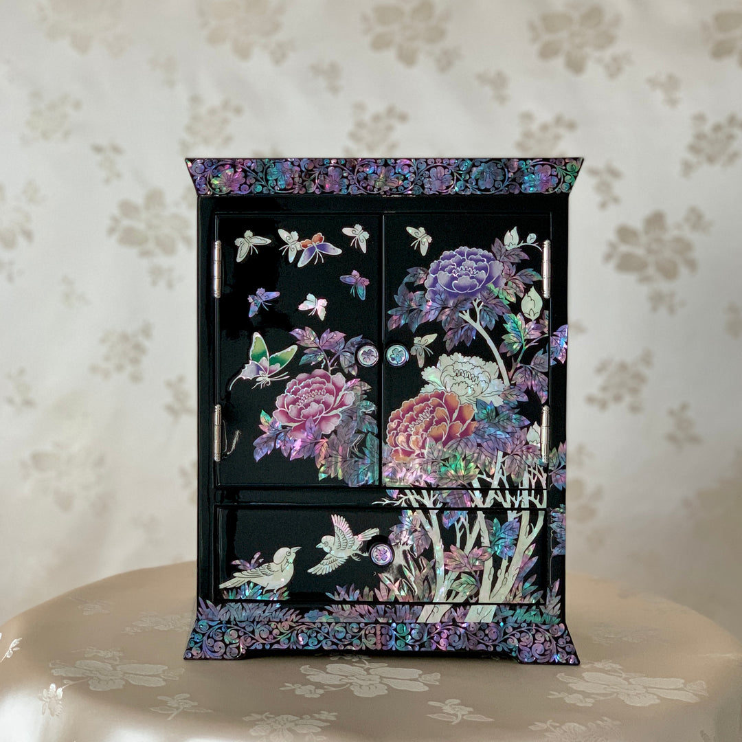Mother of Pearl Double Doored Black Color Wooden Jewelry Box with Peony, Butterfly and Bird Pattern (자개 호접 화조문 양문 보석함)