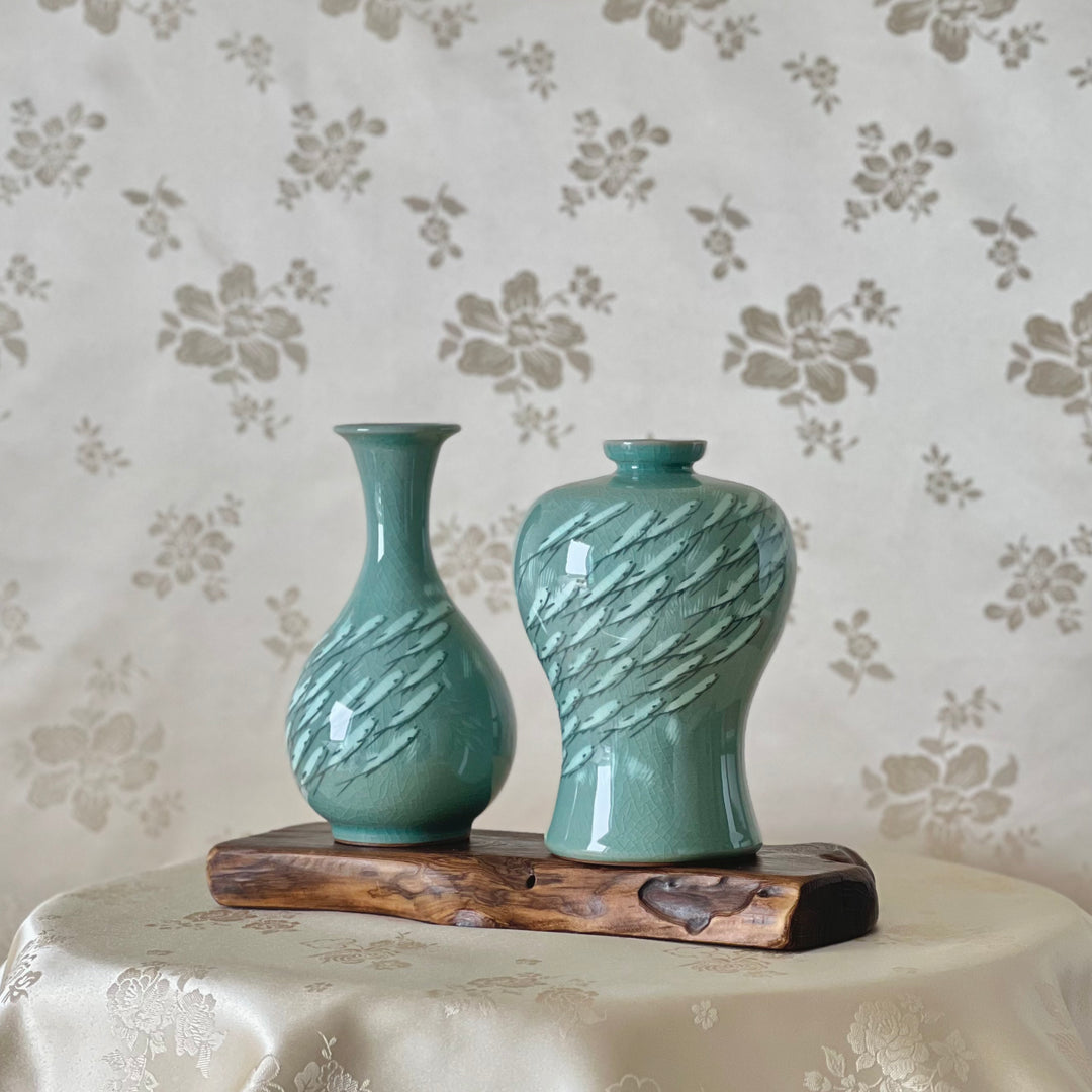 Korean Traditional Celadon Vase Set with Small fishes