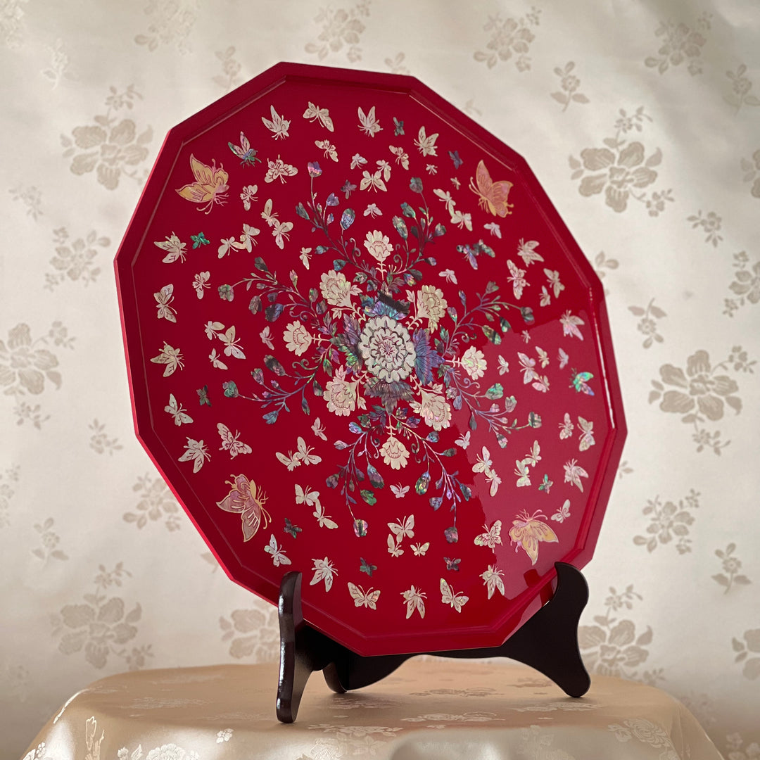 Mother of Pearl Handmade Red Tray with Peony and Butterfly Pattern (자개 호접 목단문 쟁반)