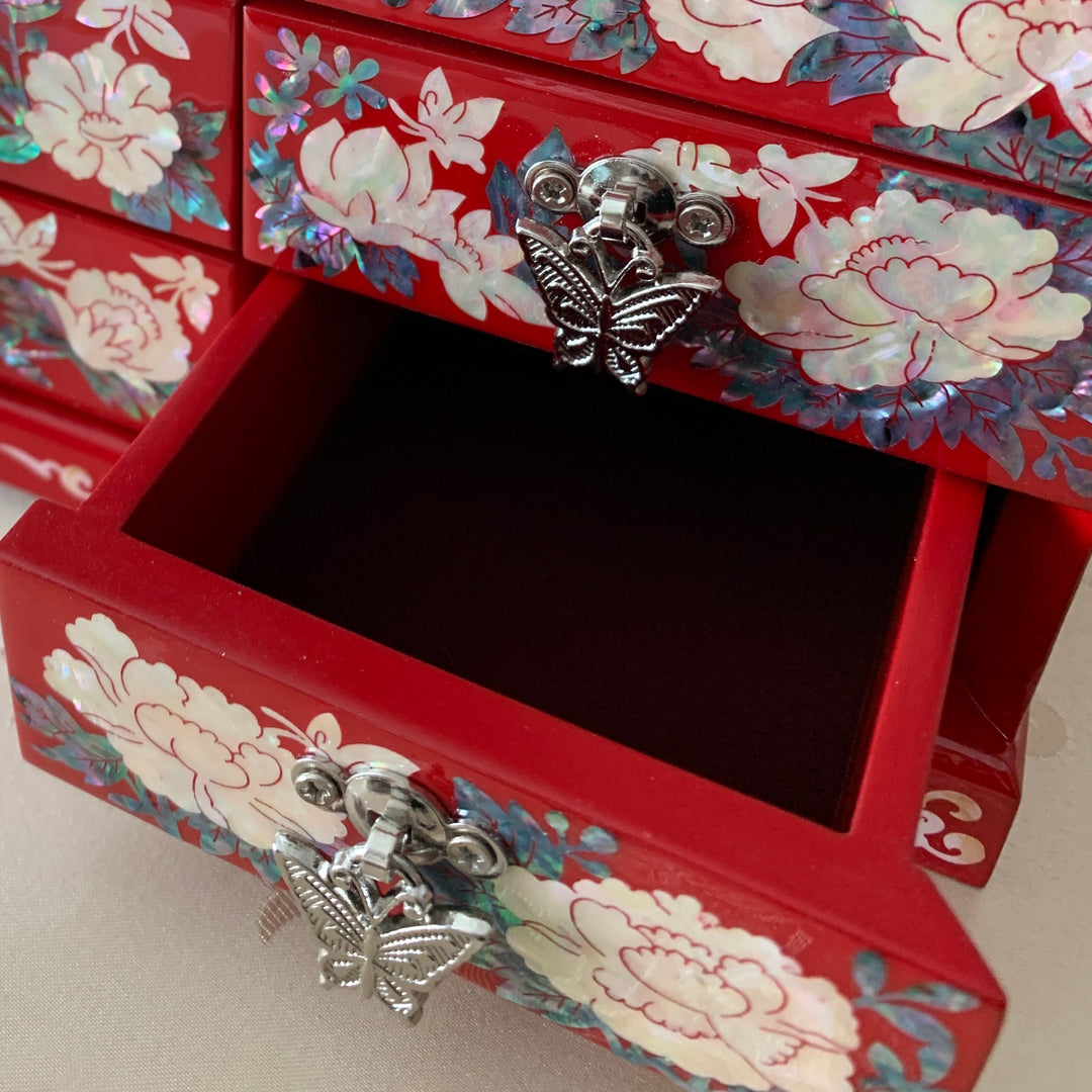 Royal and Rare Red Korean Traditional Mother of Pearl Handmade Jewelry Box with Butterflies and Flowers
