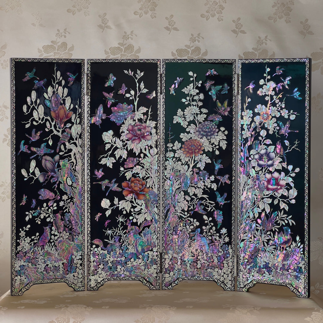 Mother of Pearl Black Color Wooden Folding Screen on Table with Birds and Flowers Pattern (자개 화조문 4폭 병풍)