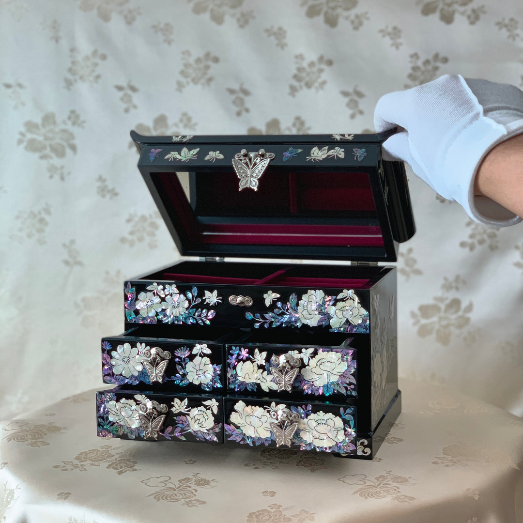 Royal and Rare Black Korean Traditional Mother of Pearl Handmade Jewelry Box with Butterflies and Flowers