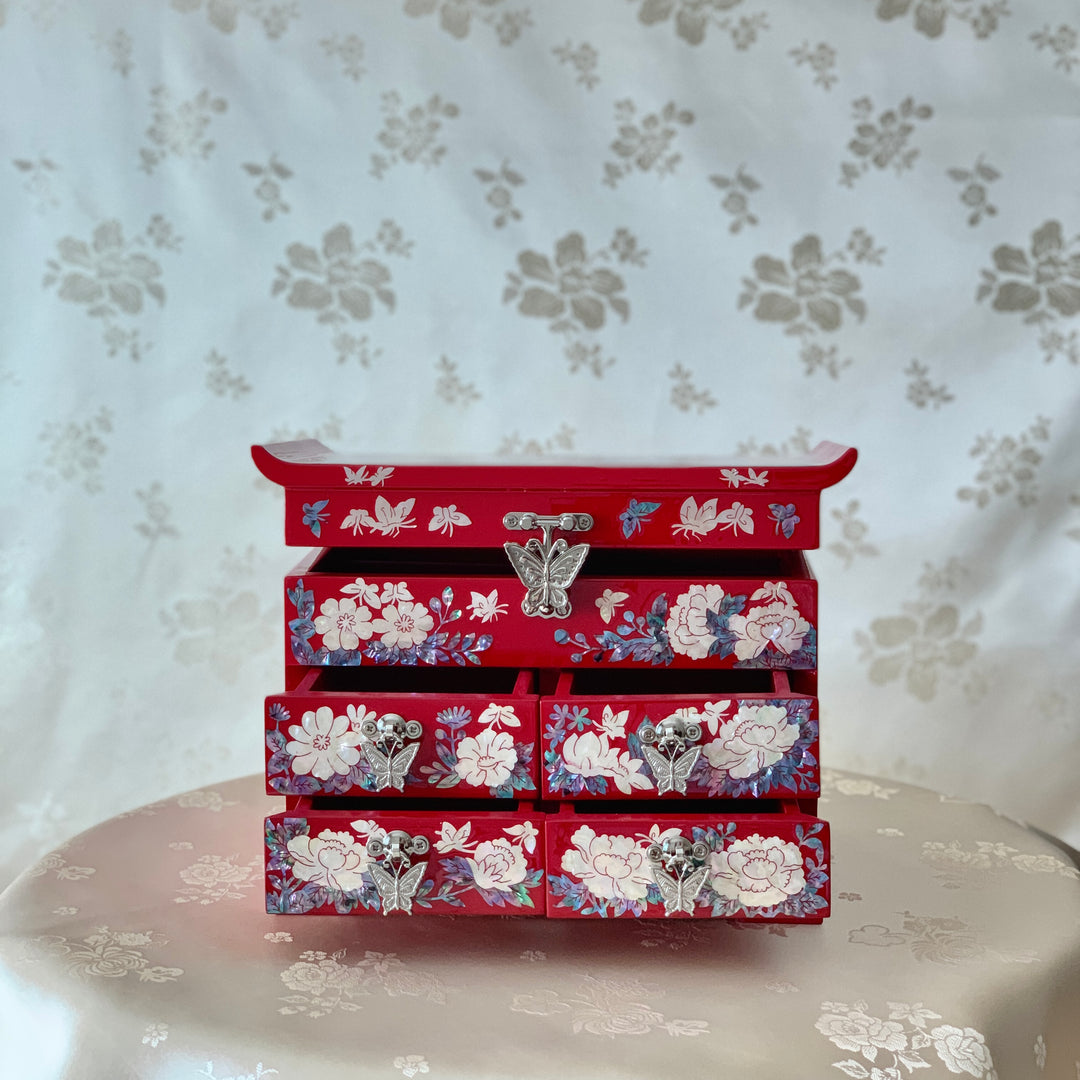 Royal and Rare Red Korean Traditional Mother of Pearl Handmade Jewelry Box with Butterflies and Flowers